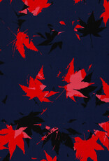 Viscose Acer bladerenprint marine blauw rood