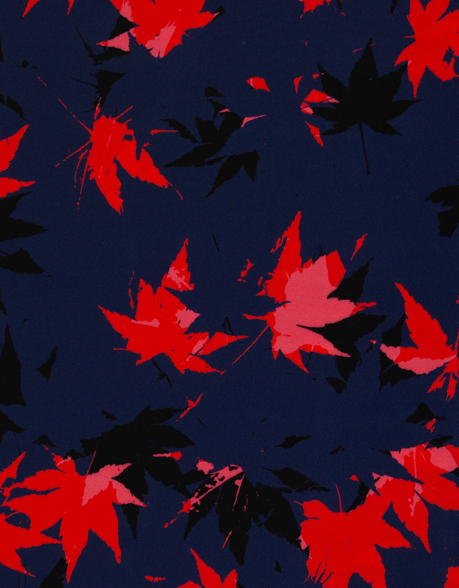 Viscose Acer bladerenprint marine blauw rood