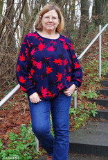 Viscose Acer bladerenprint marine blauw rood