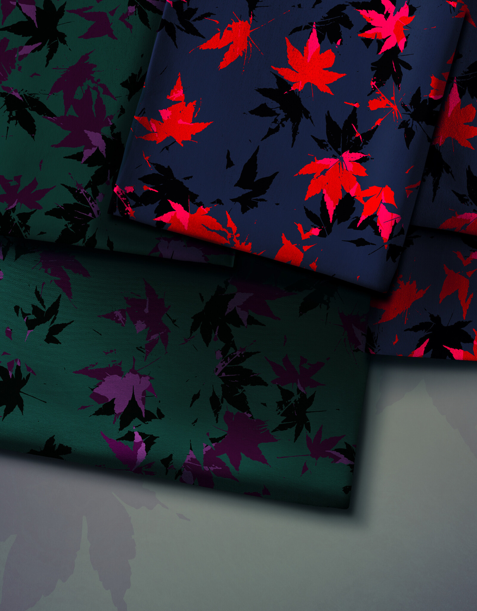 Viscose Acer bladerenprint marine blauw rood