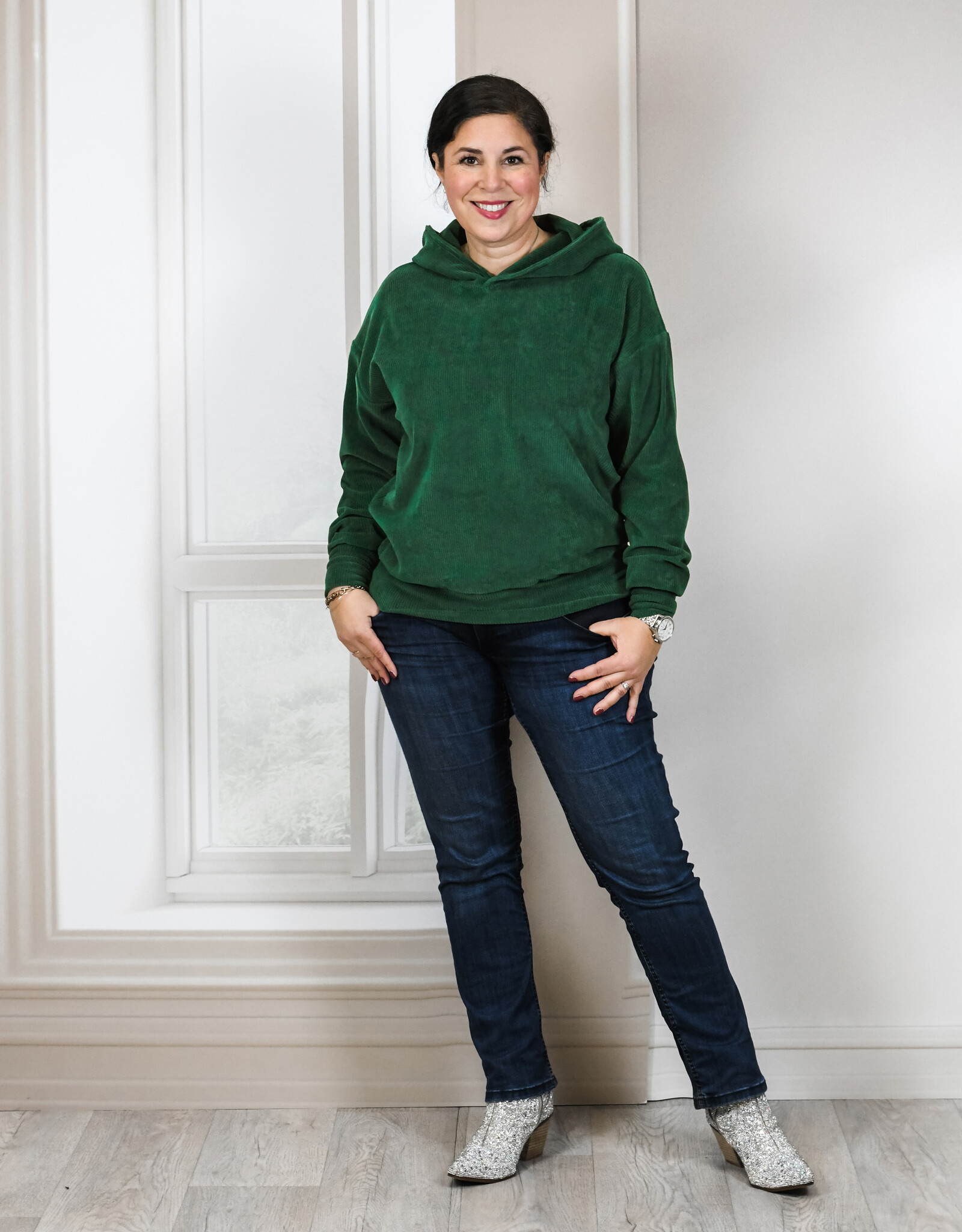 Juna elastisch ribfluweel donker groen