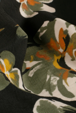 Subtiel glanzende viscose zwart met kaki bloemen