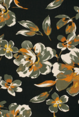 Subtiel glanzende viscose zwart met kaki bloemen