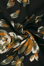 Subtiel glanzende viscose zwart met kaki bloemen