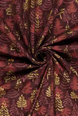 Kerstkatoen poplin bordeau gouden dennen kerstboom