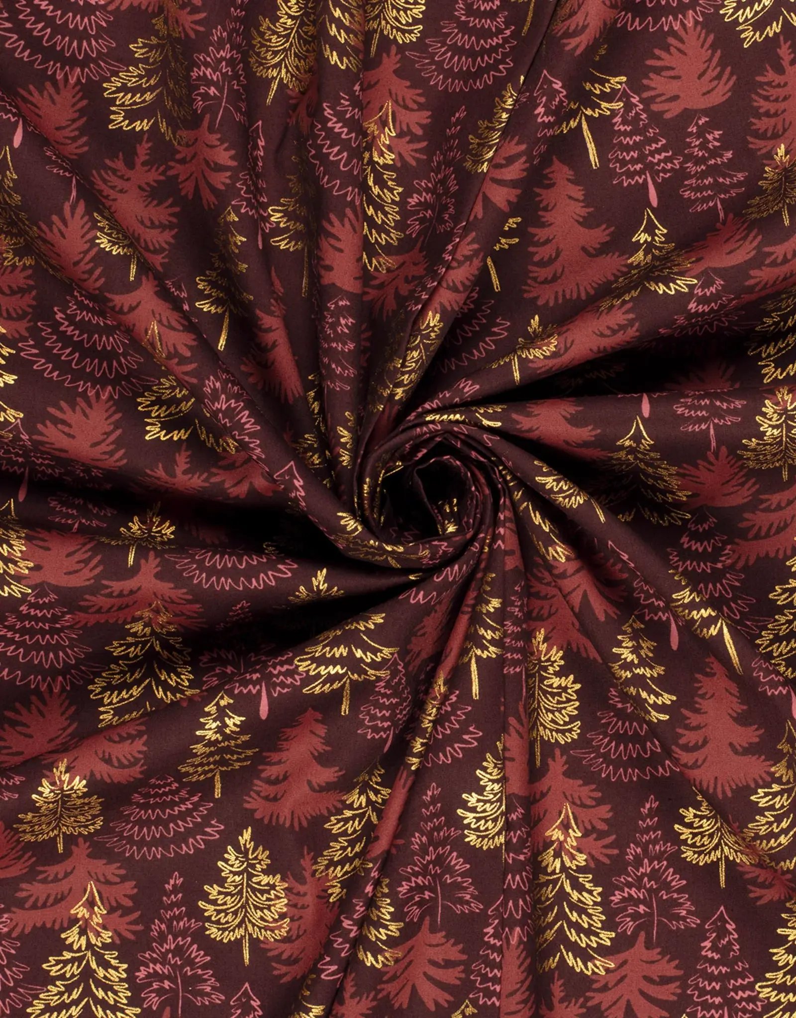 Kerstkatoen poplin bordeau gouden dennen kerstboom
