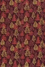 Kerstkatoen poplin bordeau gouden dennen kerstboom