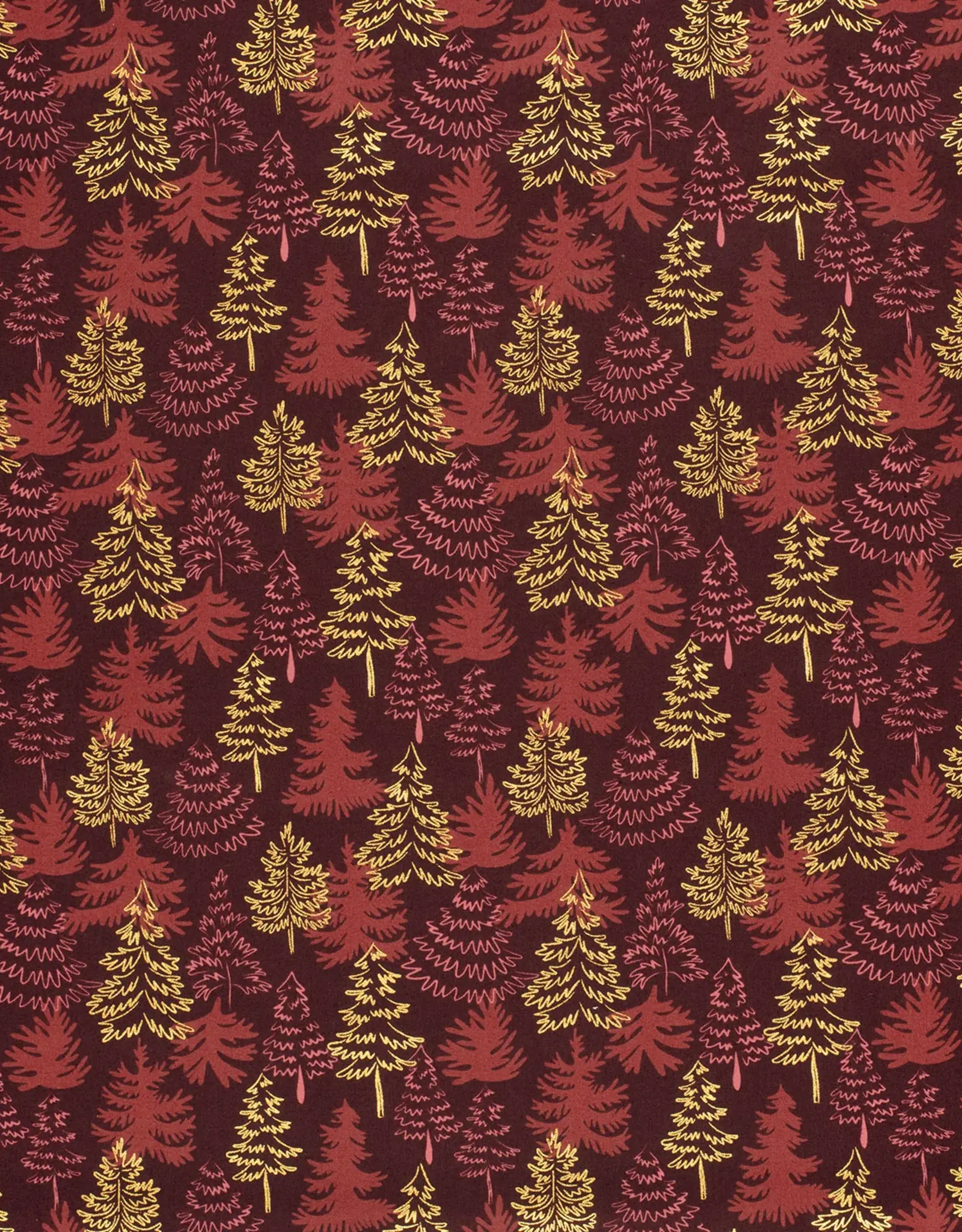 Kerstkatoen poplin bordeau gouden dennen kerstboom