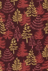 Kerstkatoen poplin bordeau gouden dennen kerstboom
