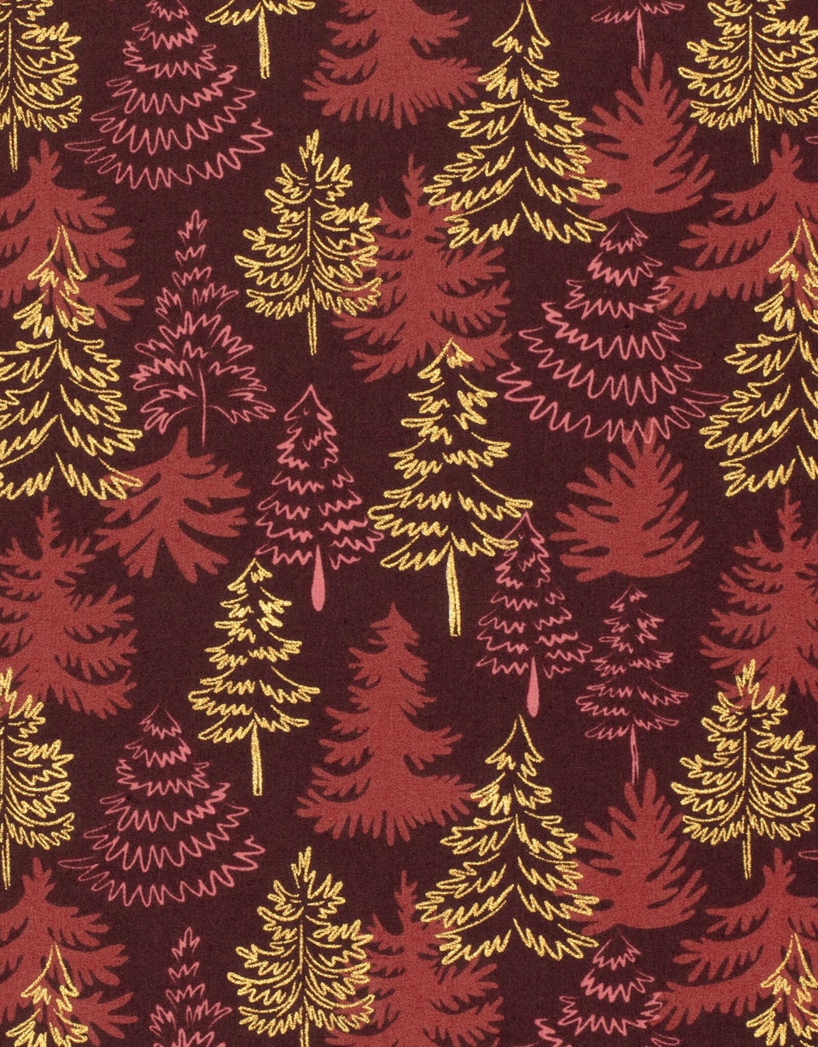 Kerstkatoen poplin bordeau gouden dennen kerstboom