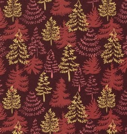 Kerstkatoen poplin bordeau gouden dennen kerstboom