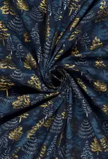 Kerstkatoen poplin blauw gouden dennen kerstboom