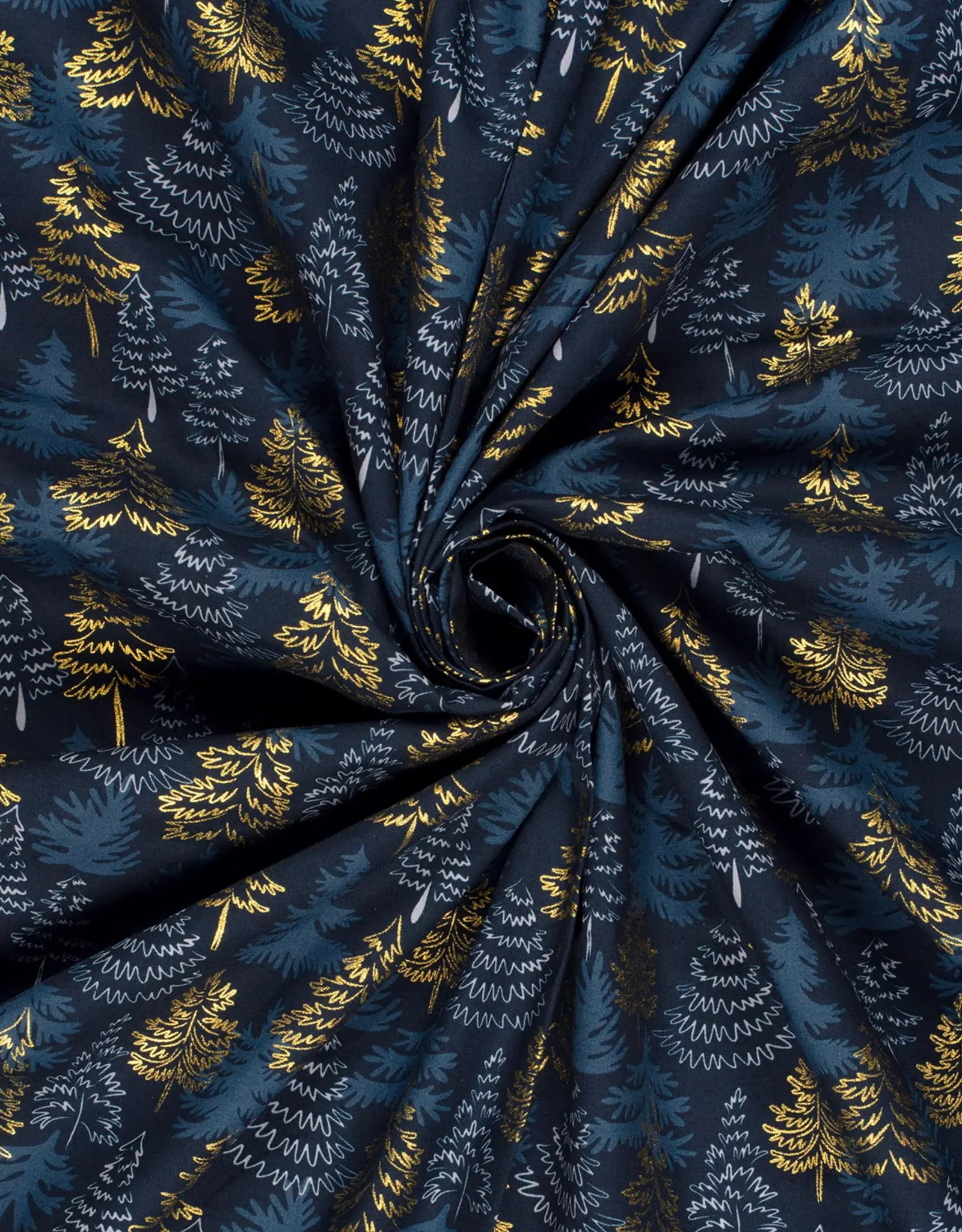 Kerstkatoen poplin blauw gouden dennen kerstboom