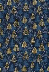 Kerstkatoen poplin blauw gouden dennen kerstboom
