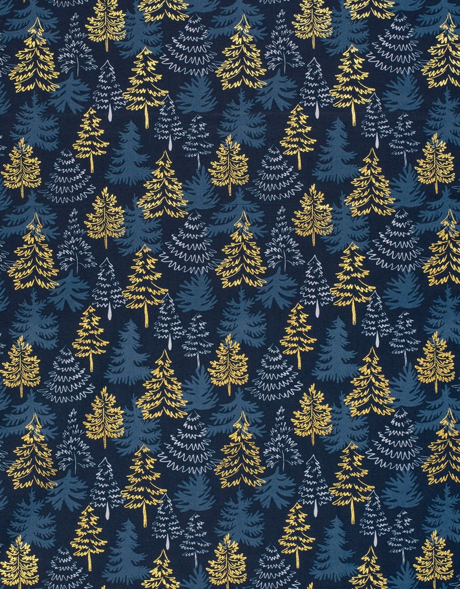Kerstkatoen poplin blauw gouden dennen kerstboom