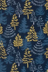 Kerstkatoen poplin blauw gouden dennen kerstboom