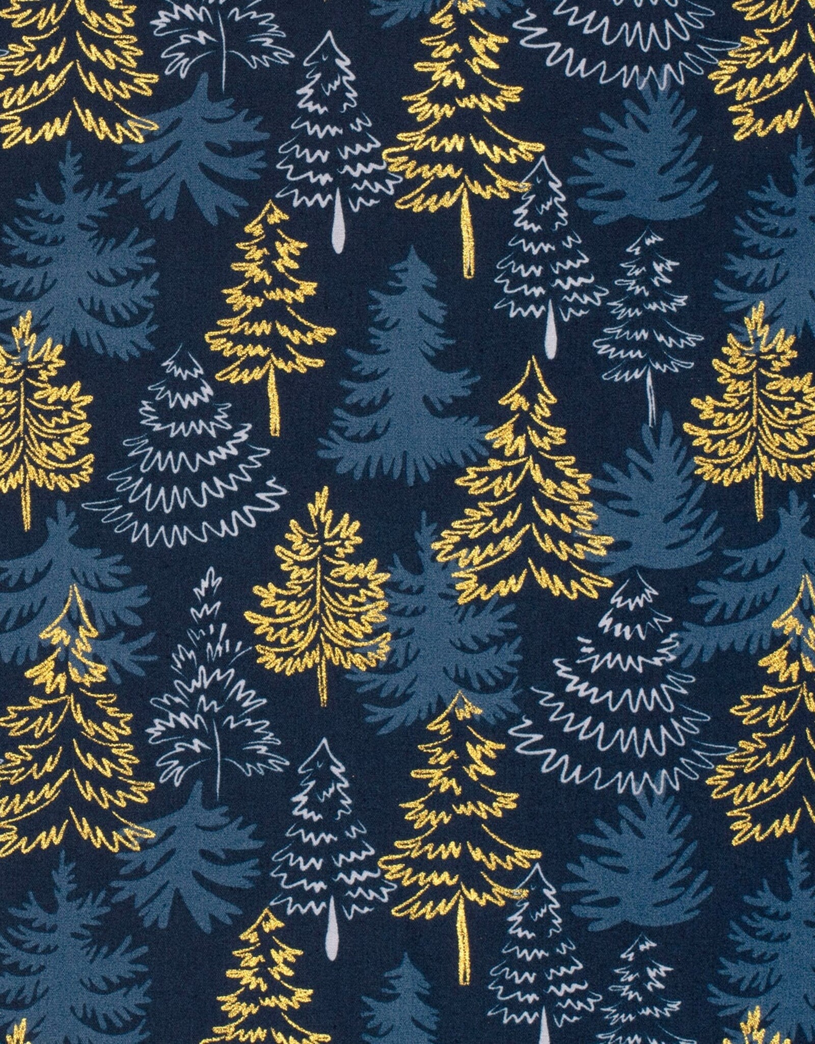 Kerstkatoen poplin blauw gouden dennen kerstboom