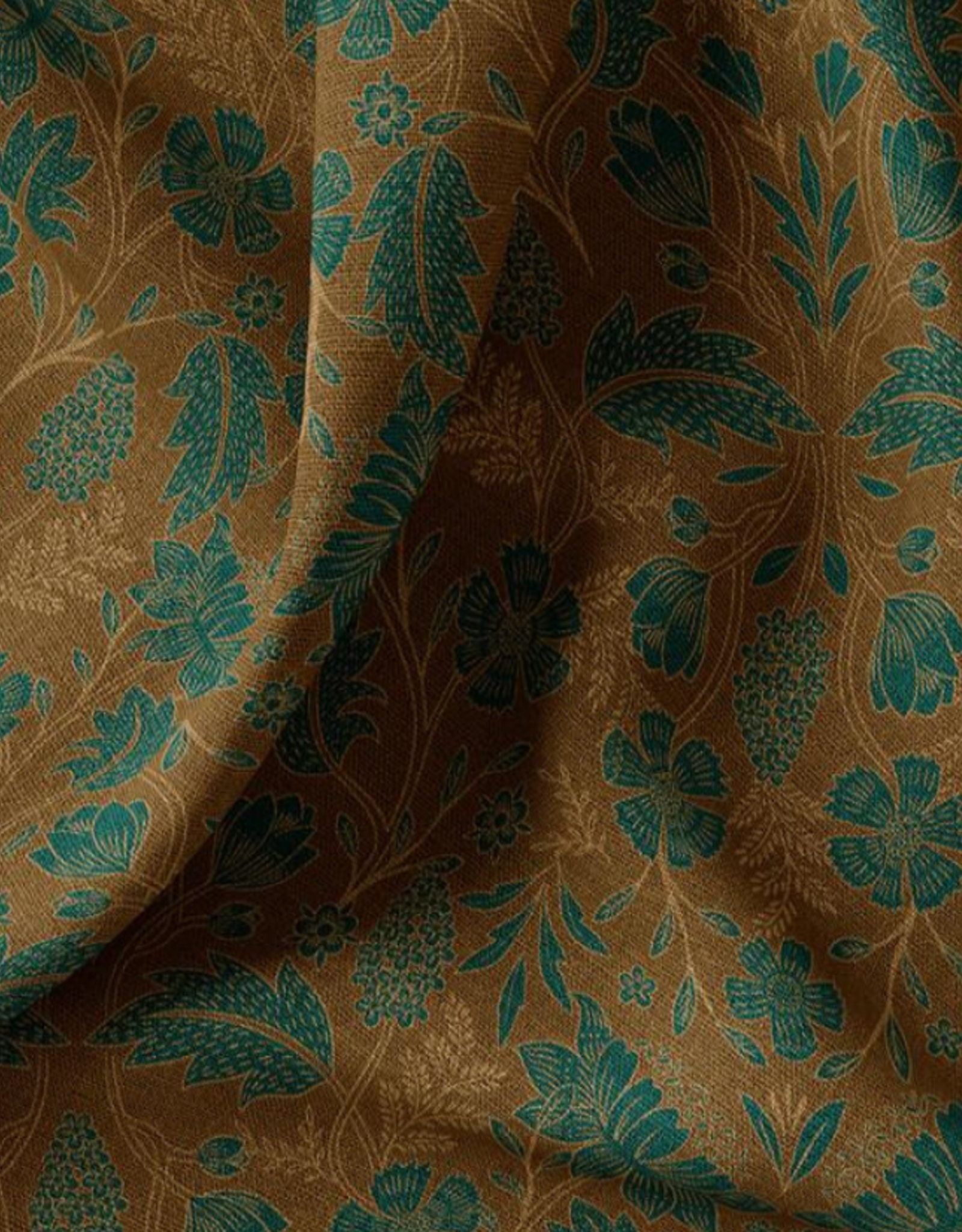 Canvas heavy florale print diep mosterd bruin met groen