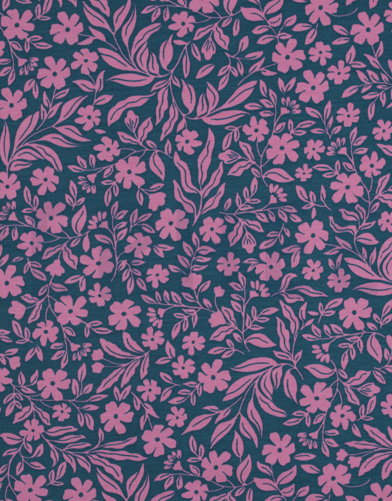 Jersy two-tone bloemen en bladeren petrol/rose