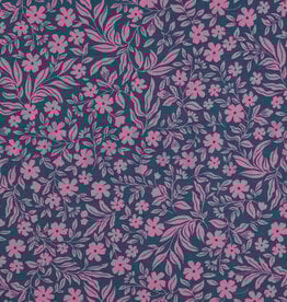 Jersy two-tone bloemen en bladeren petrol/rose