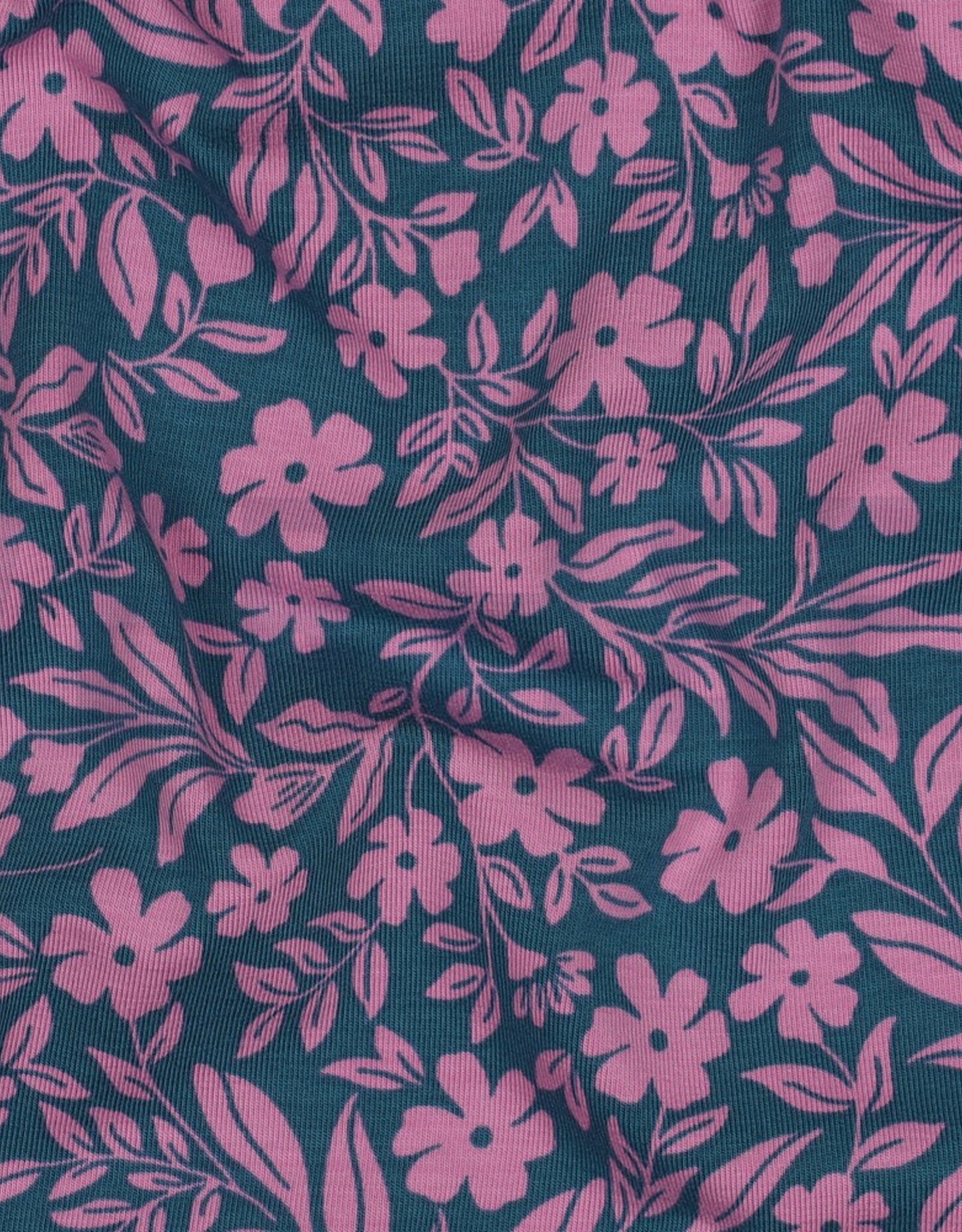 Jersy two-tone bloemen en bladeren petrol/rose