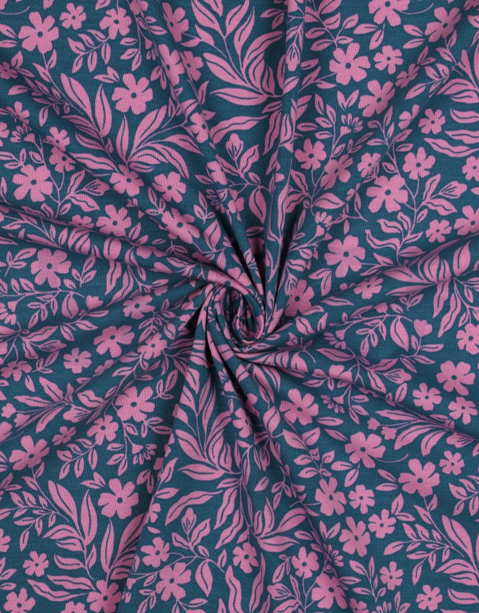 Jersy two-tone bloemen en bladeren petrol/rose