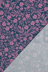 Jersy two-tone bloemen en bladeren petrol/rose