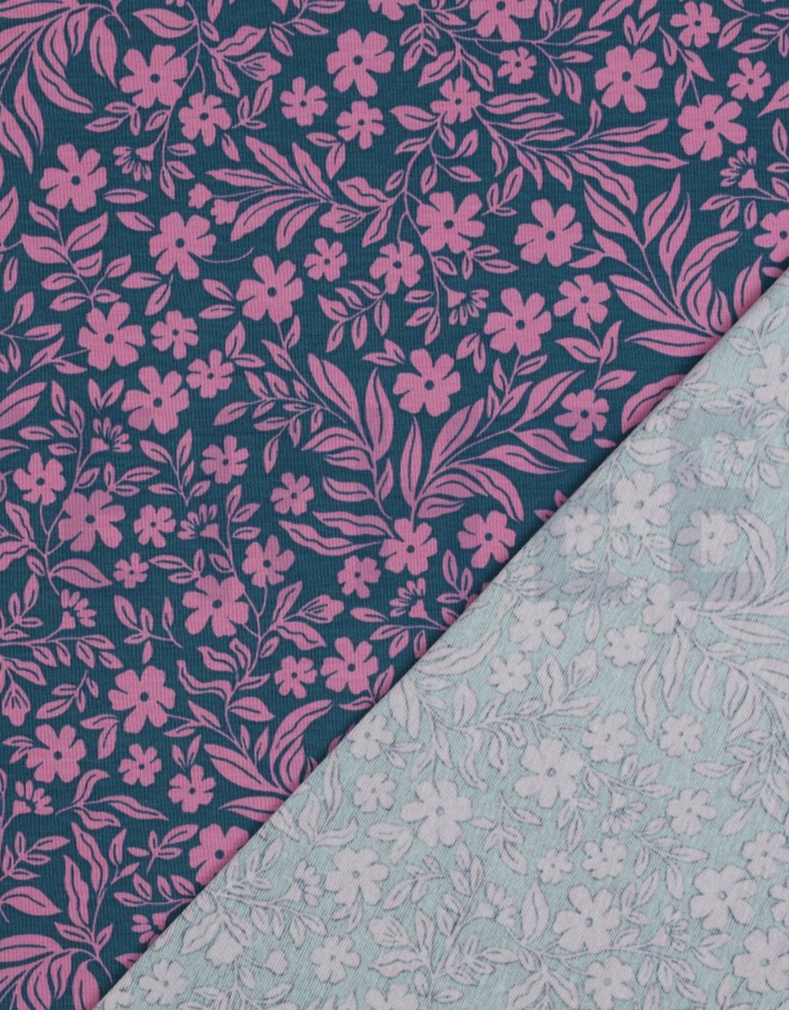 Jersy two-tone bloemen en bladeren petrol/rose