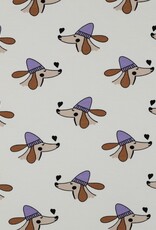 French Terry dogs and hearts wit hond met paarse muts