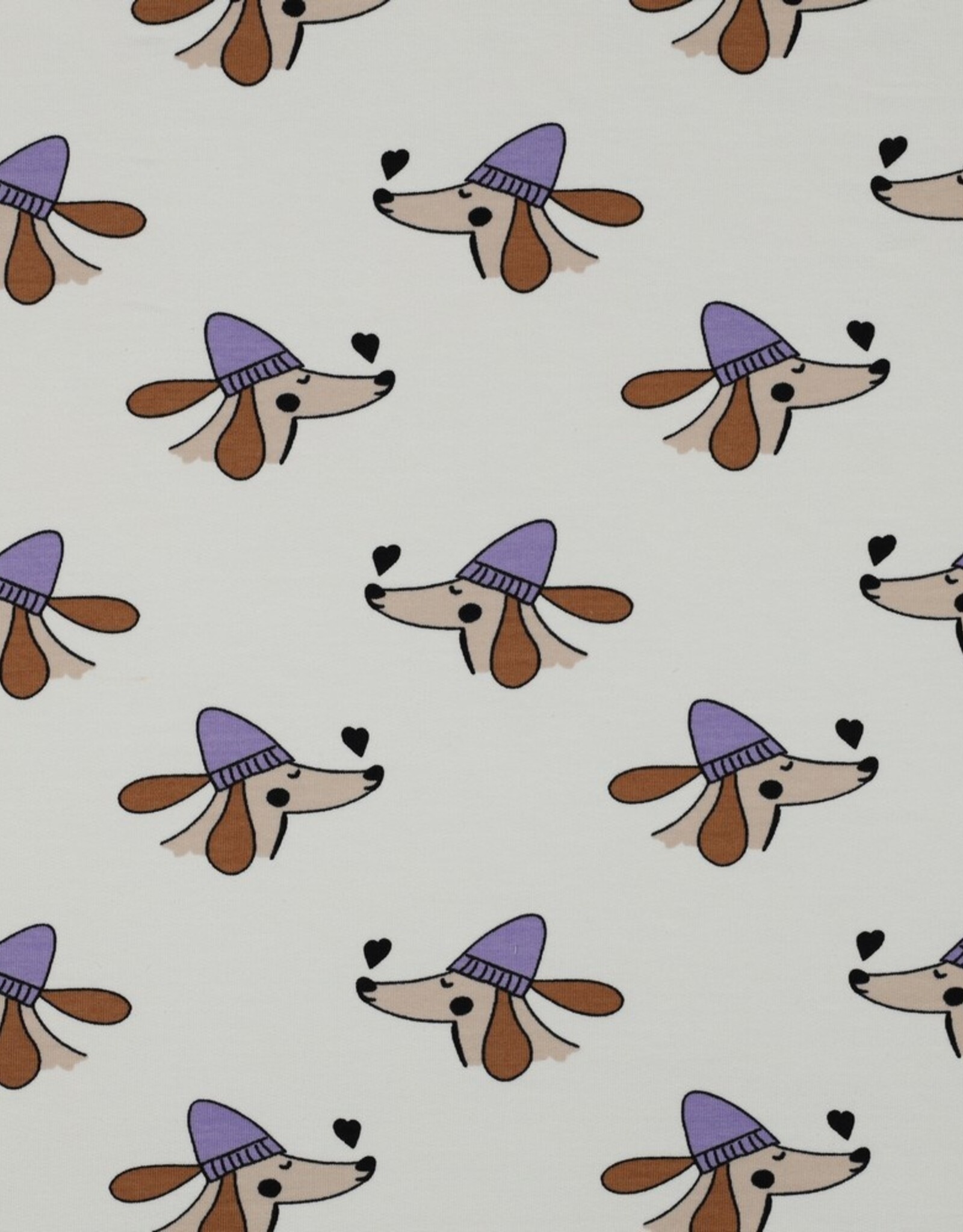 French Terry dogs and hearts wit hond met paarse muts