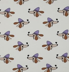 French Terry dogs and hearts wit hond met paarse muts