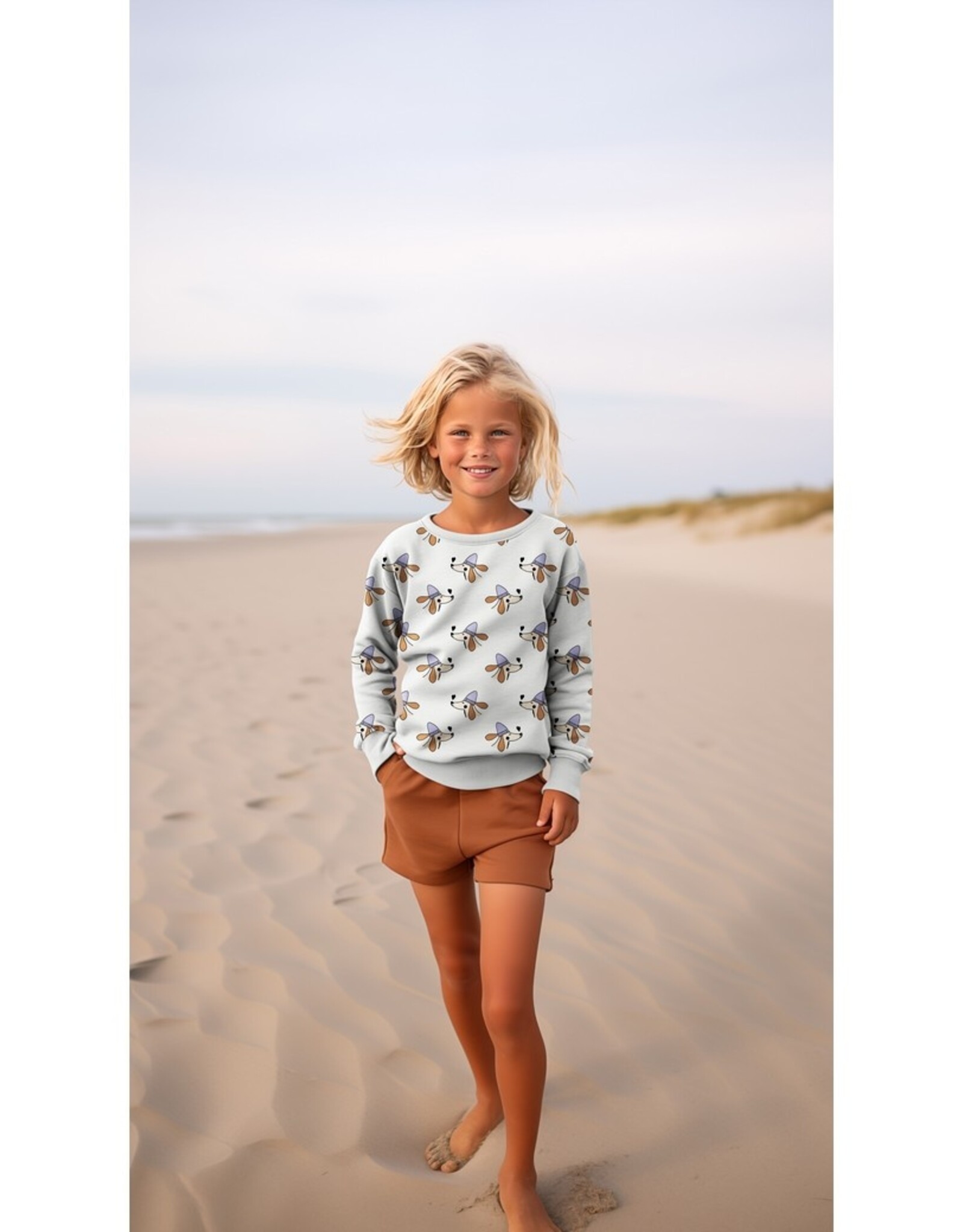 French Terry dogs and hearts wit hond met paarse muts