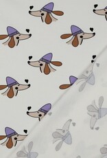 French Terry dogs and hearts wit hond met paarse muts