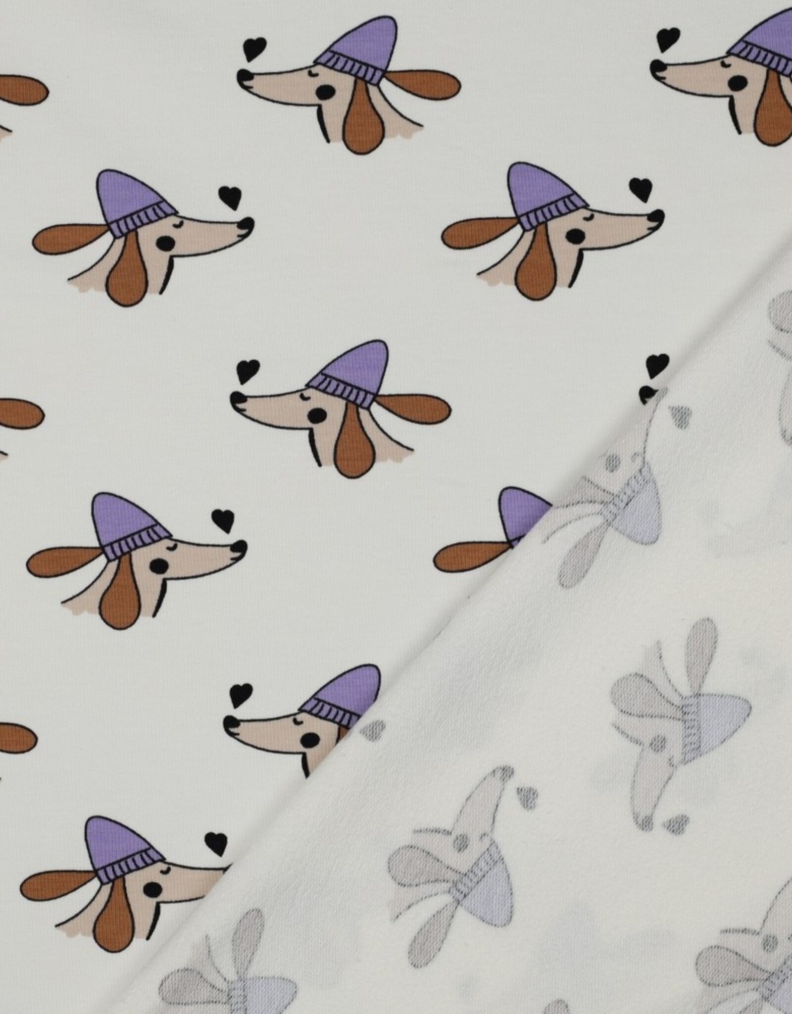 French Terry dogs and hearts wit hond met paarse muts