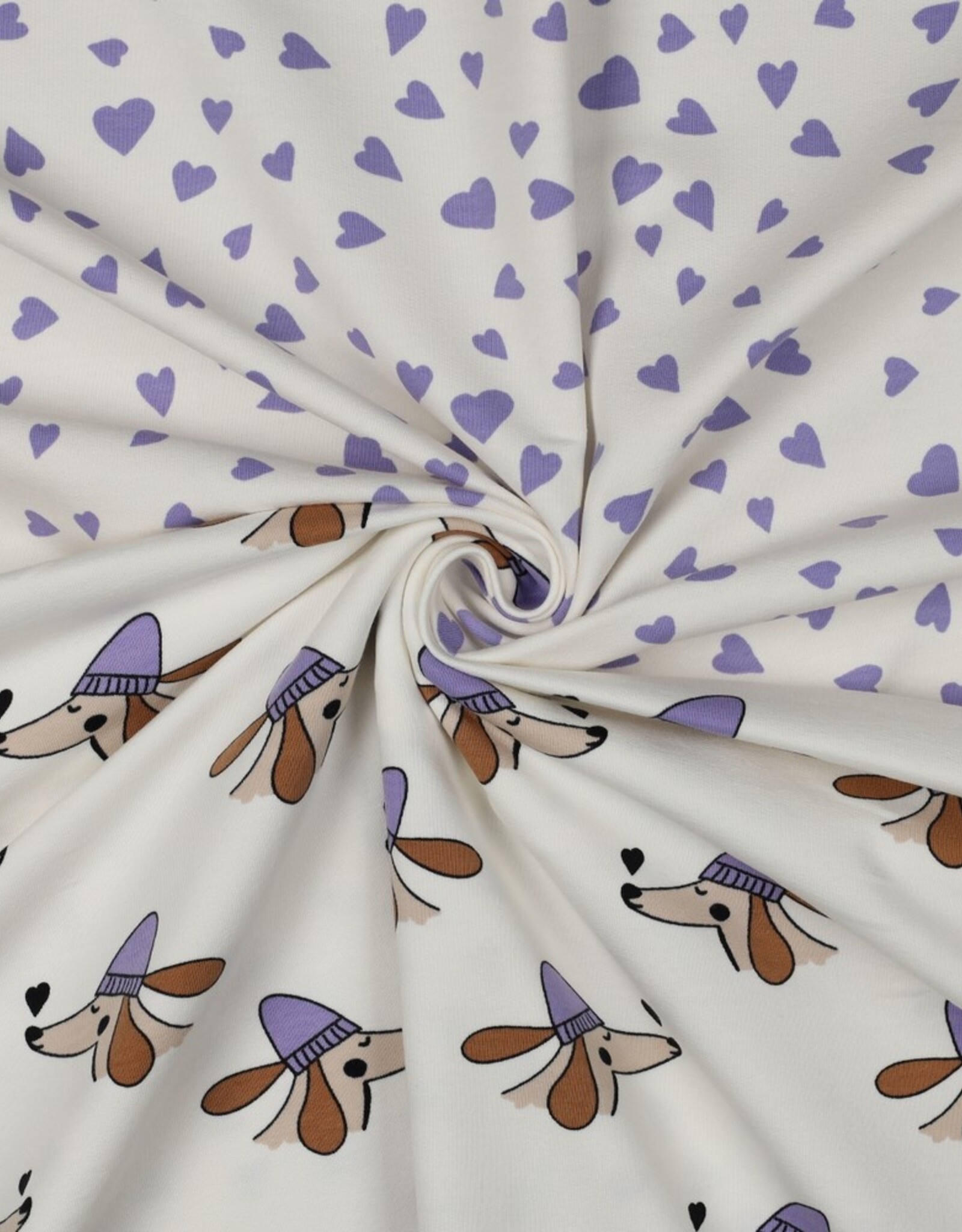 French terry hearts wit/paars hartjes