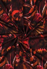 Jersey digitaal  grote bloemen bordeau rood fuchsia