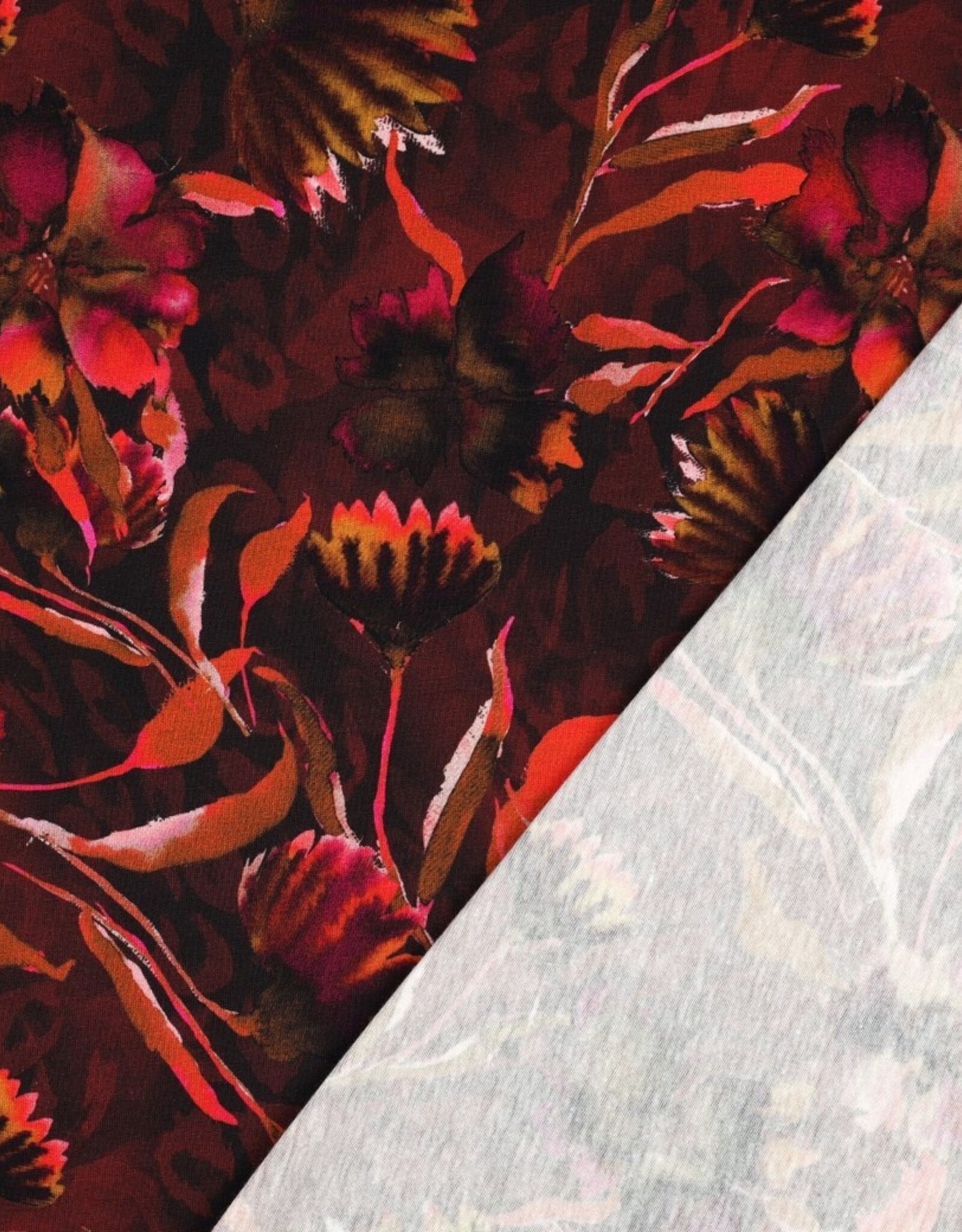 Jersey digitaal  grote bloemen bordeau rood fuchsia