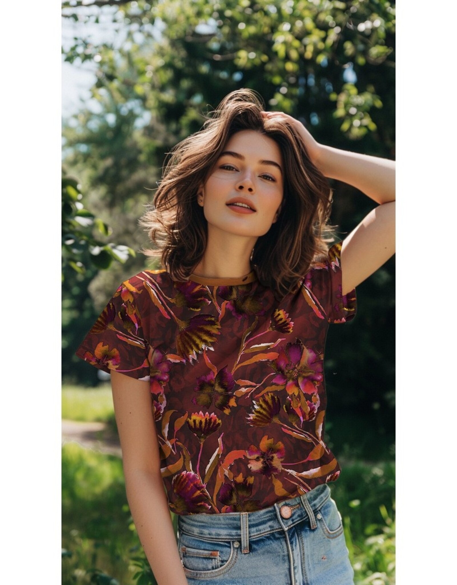 Jersey digitaal  grote bloemen bordeau rood fuchsia