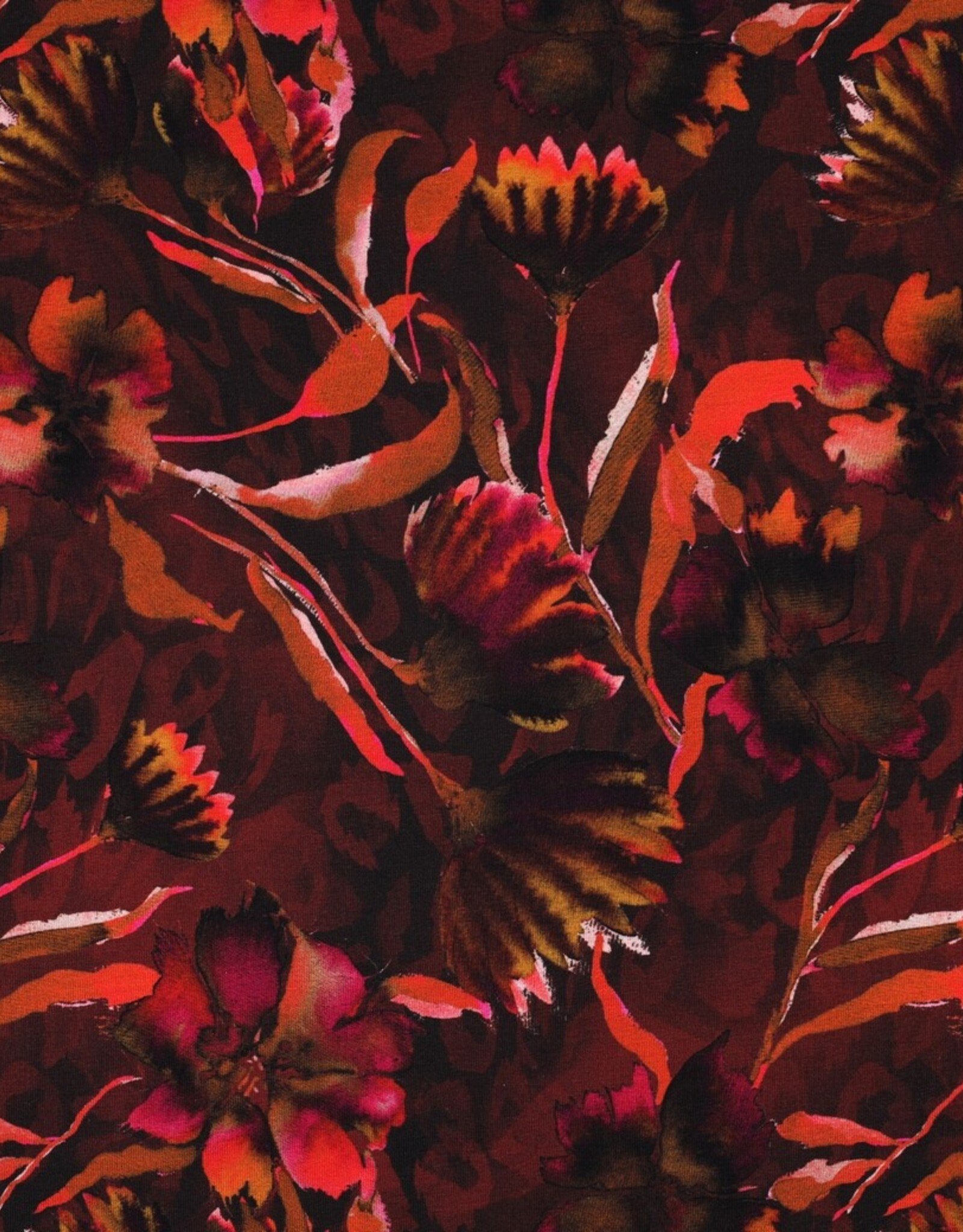 Jersey digitaal  grote bloemen bordeau rood fuchsia