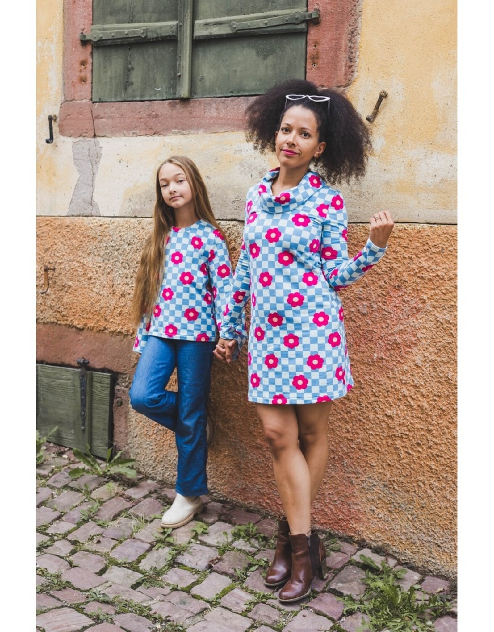 Soft sweat geruit mint/wit retro bloemen