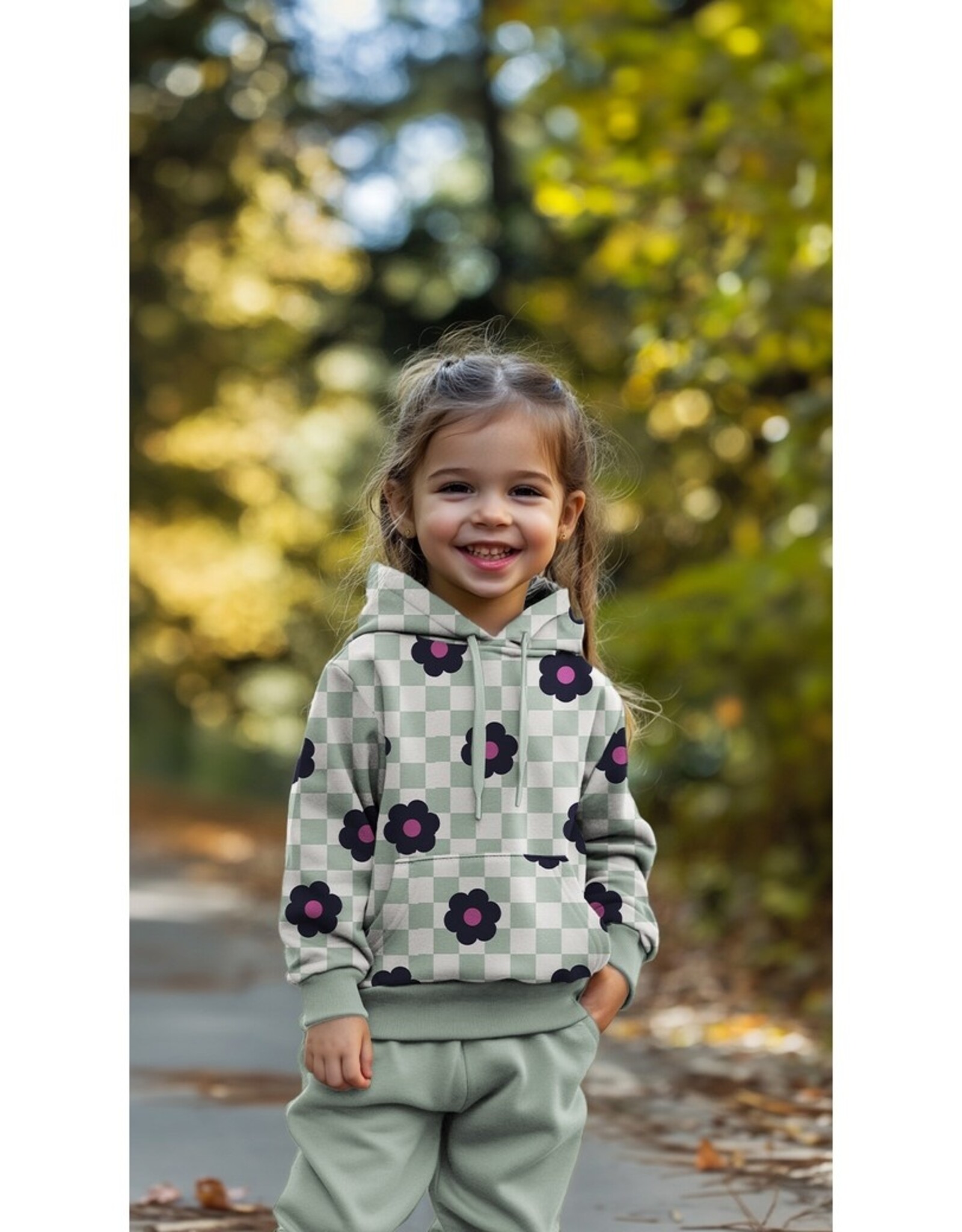 Soft sweat geruit mint/wit retro bloemen