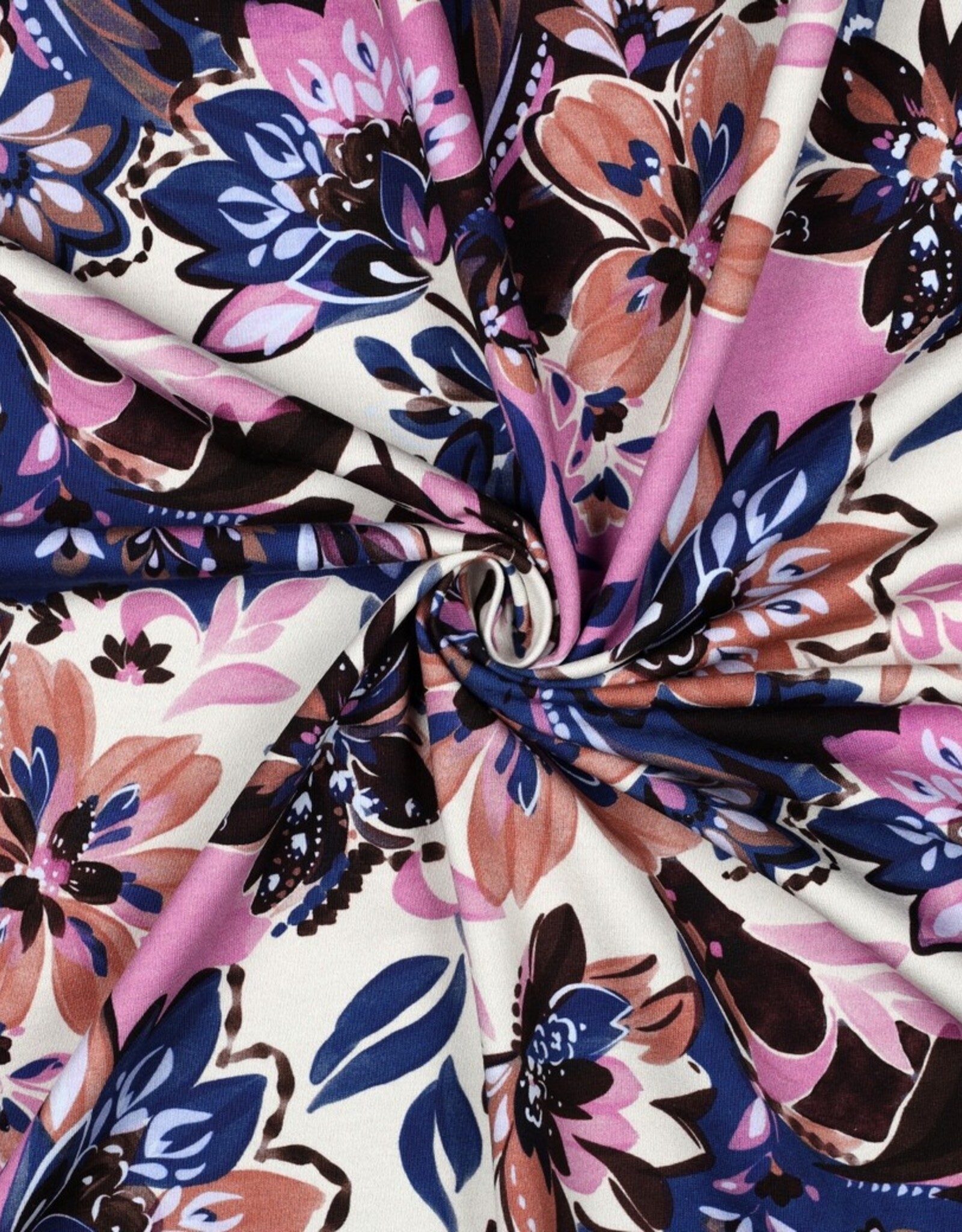 French terry digitaal bedrukt bloemenprint rose/kobalt