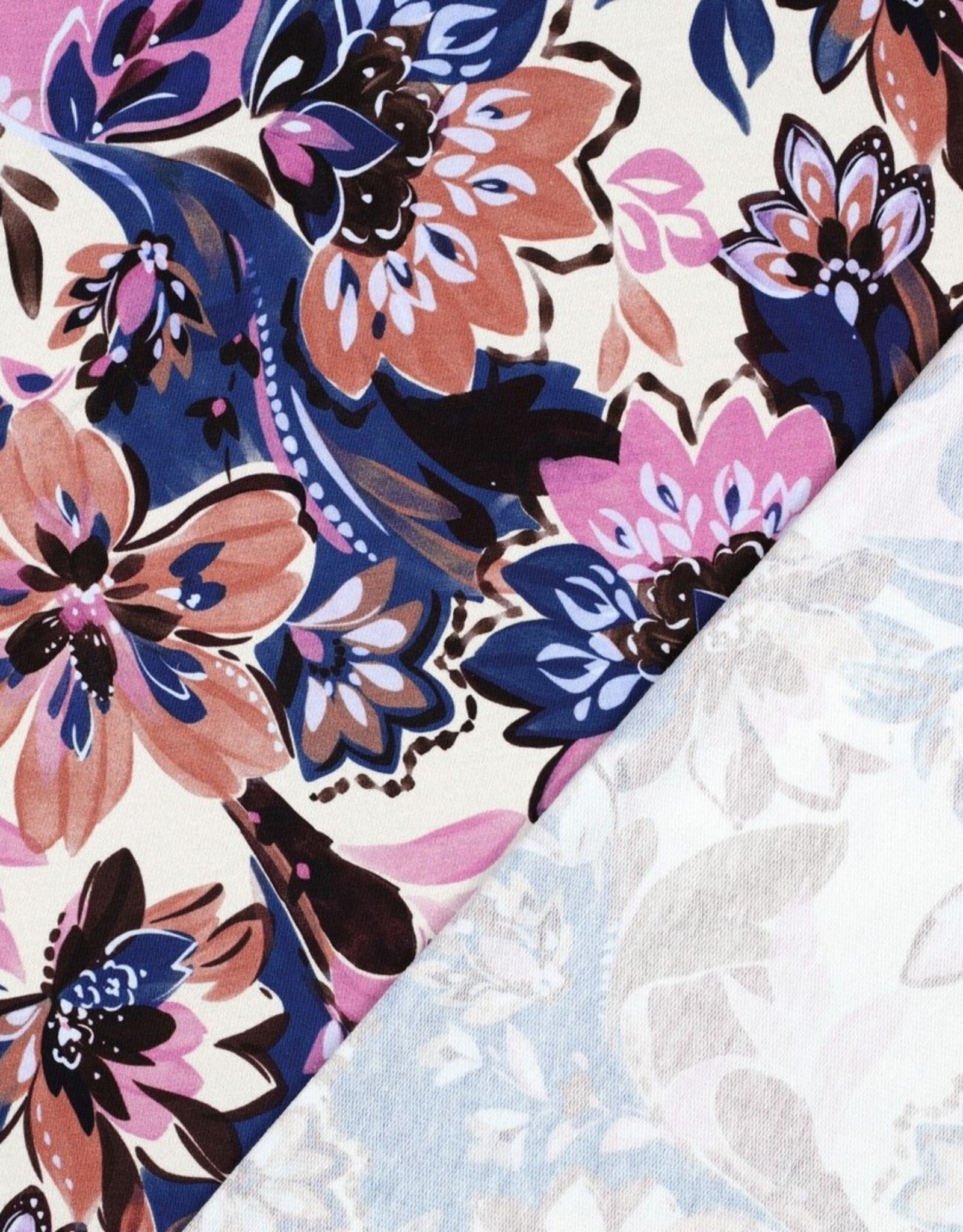 French terry digitaal bedrukt bloemenprint rose/kobalt