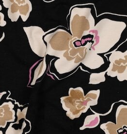 French terry beige bloemen zwart