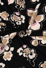 French terry beige bloemen zwart