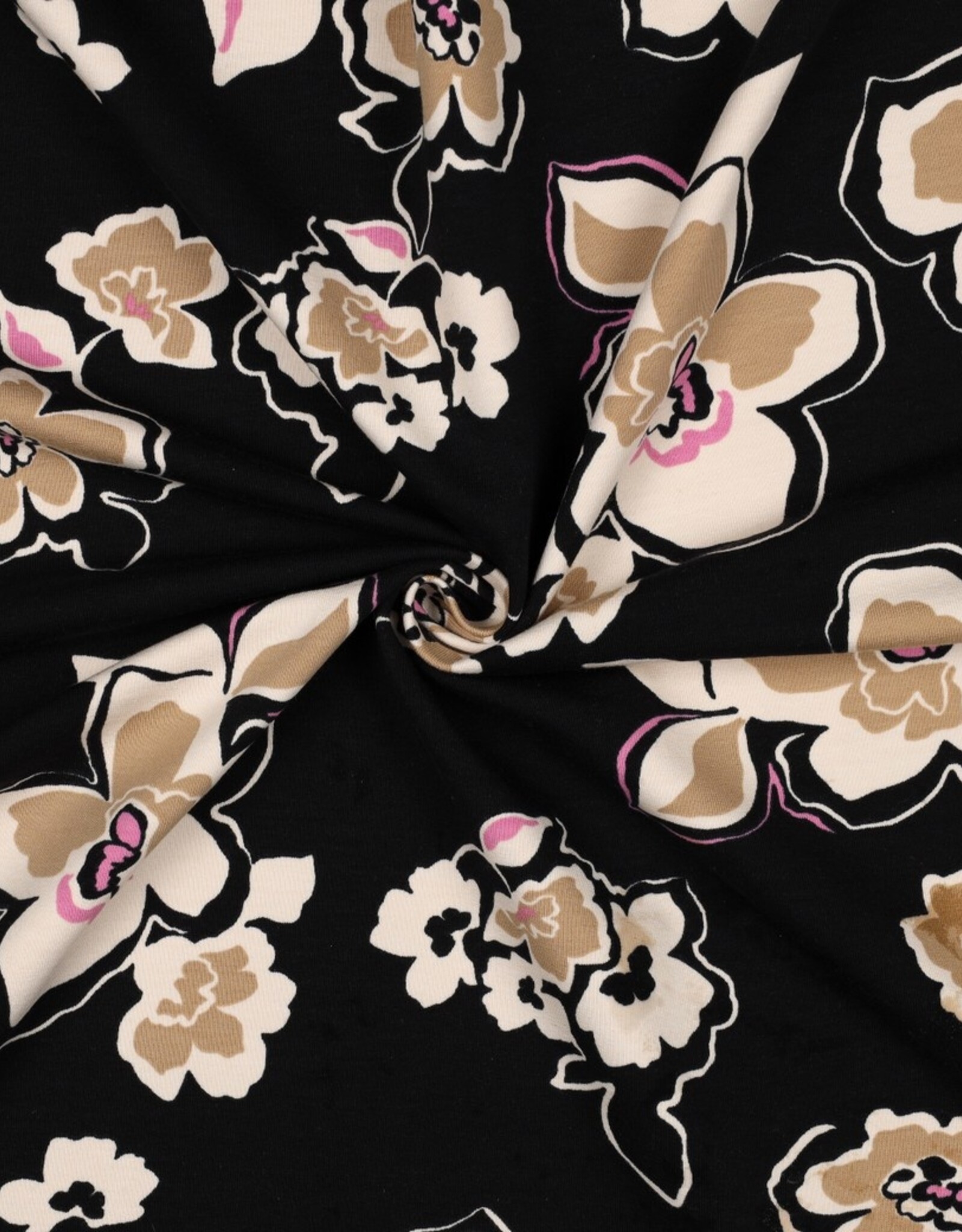 French terry beige bloemen zwart