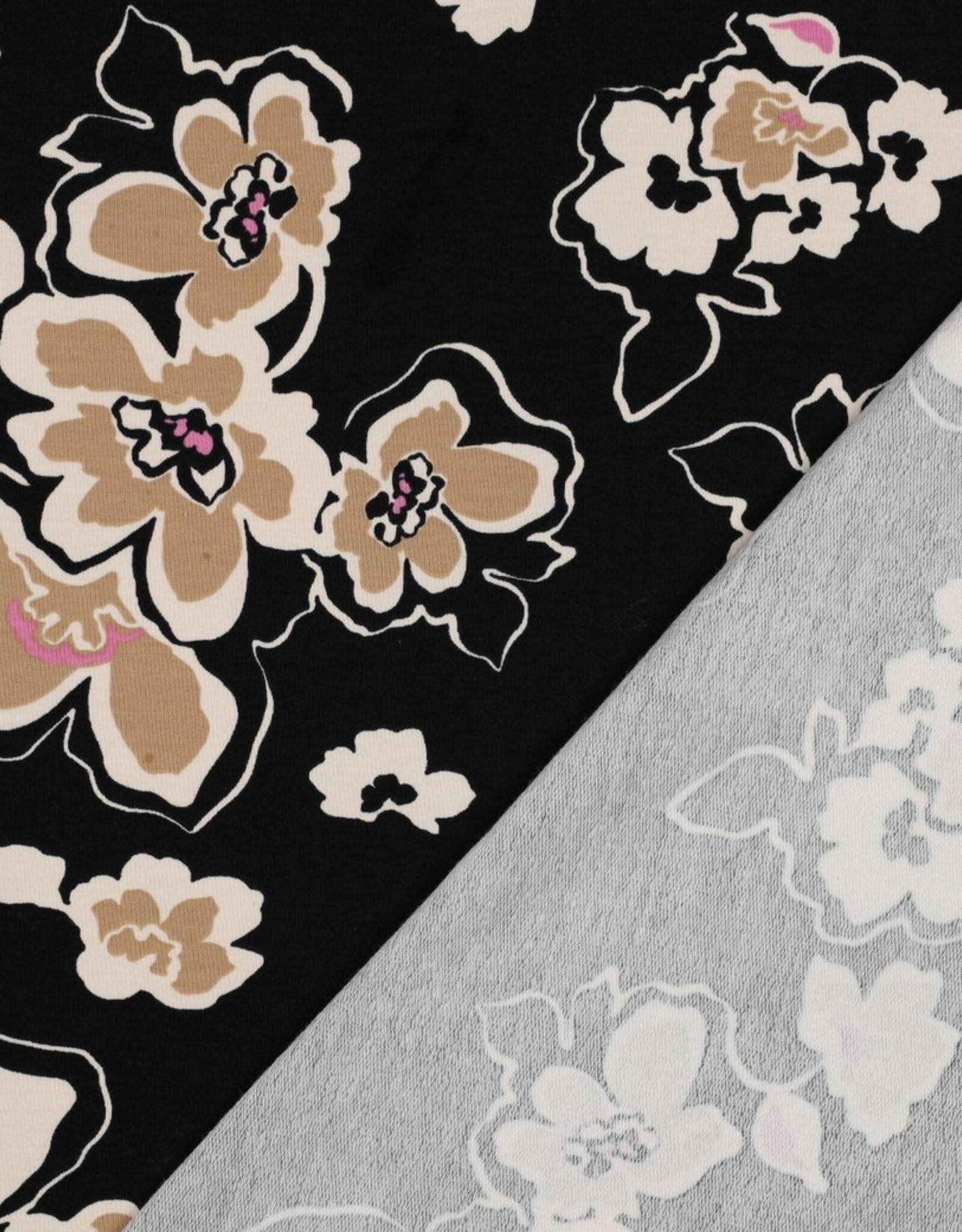 French terry beige bloemen zwart