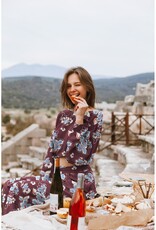 French terry beige bloemen zwart