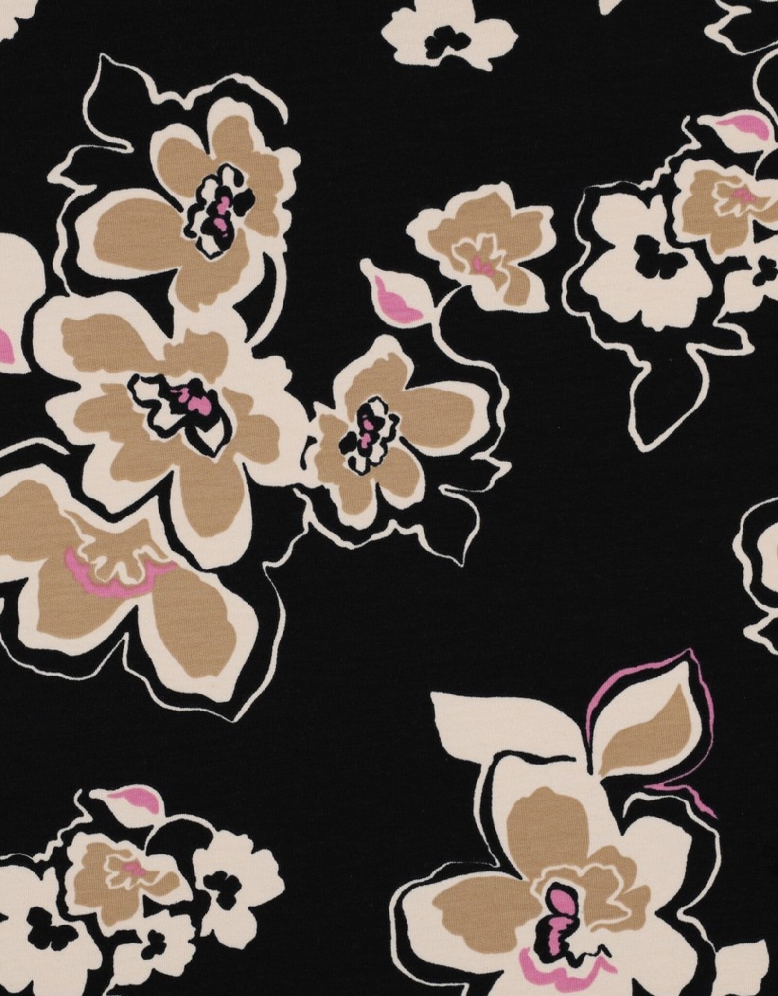 French terry beige bloemen zwart