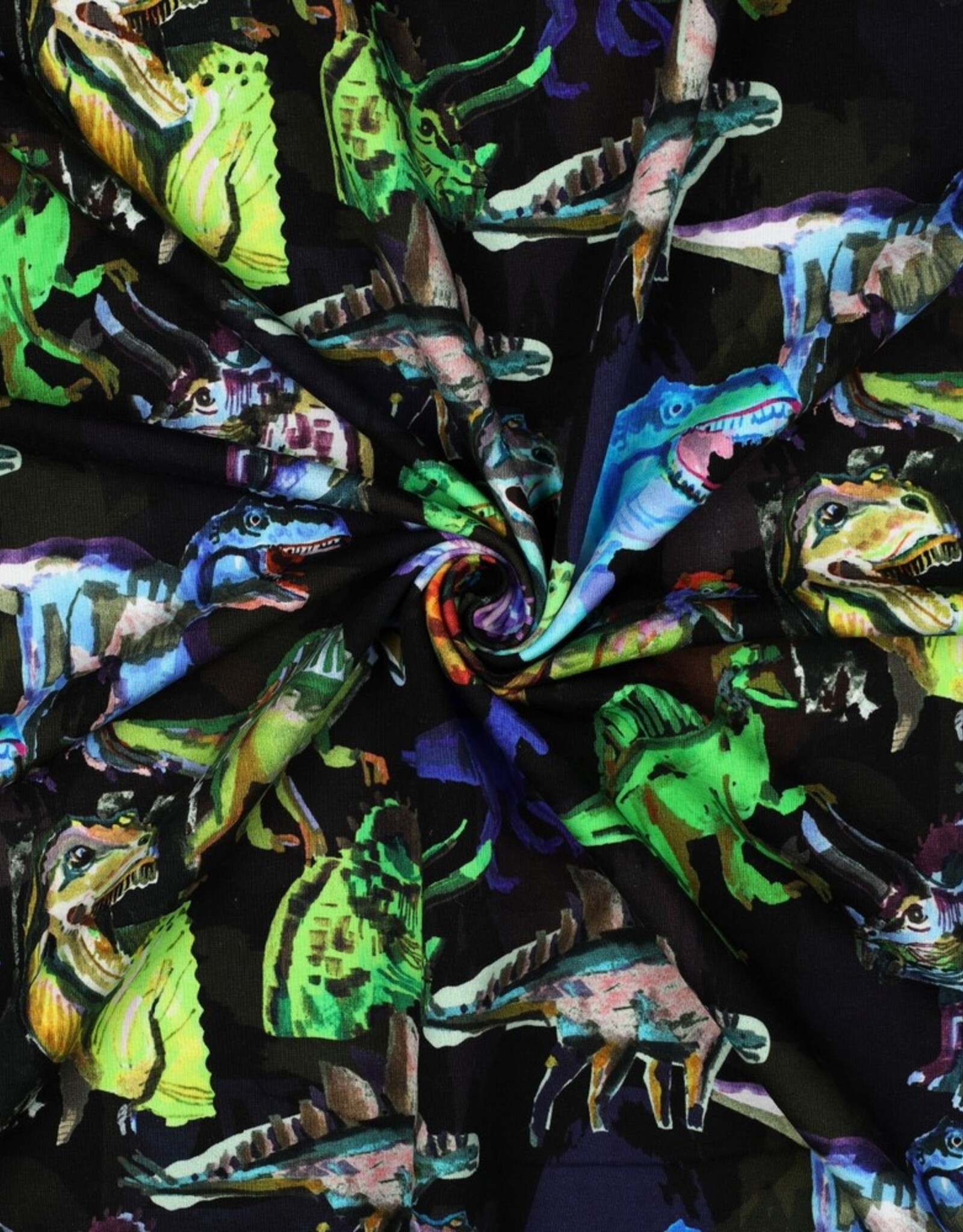 French terry digitaal bedrukt dinosaurrussen zwart